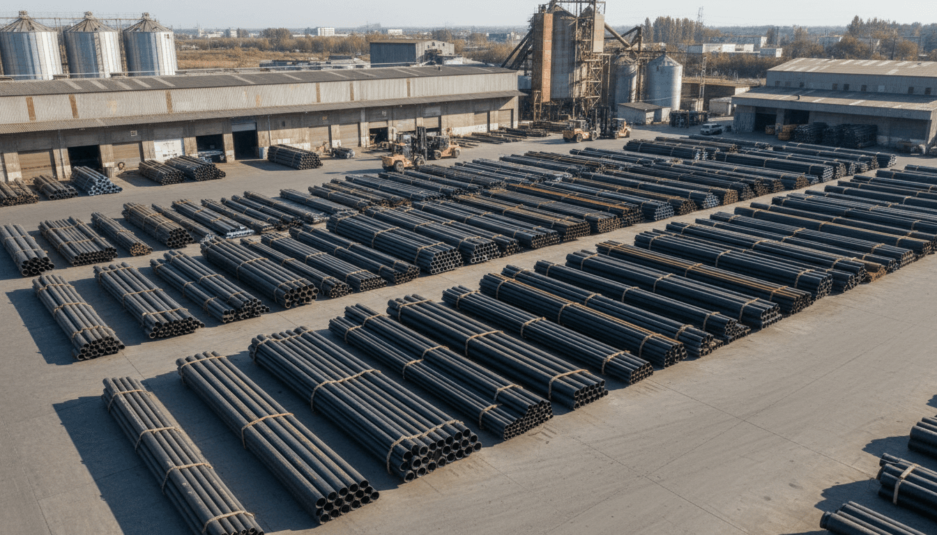 Industrial supply yard with pipes and equipment