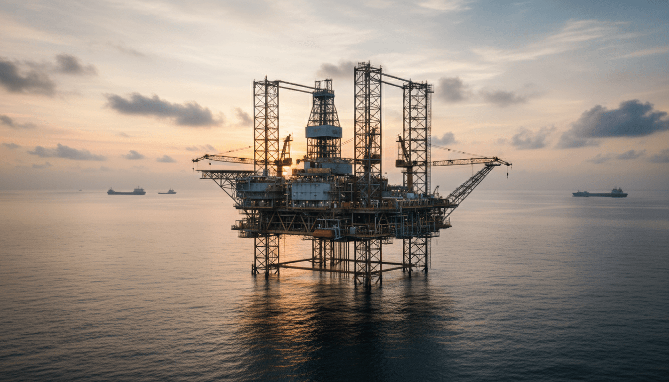 Offshore drilling platform at sunset with calm ocean waters