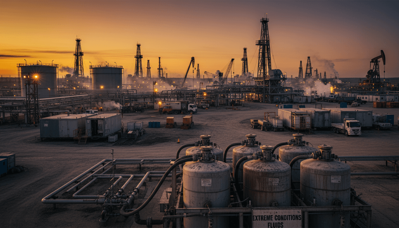 Drilling rig at dawn with logistics yard