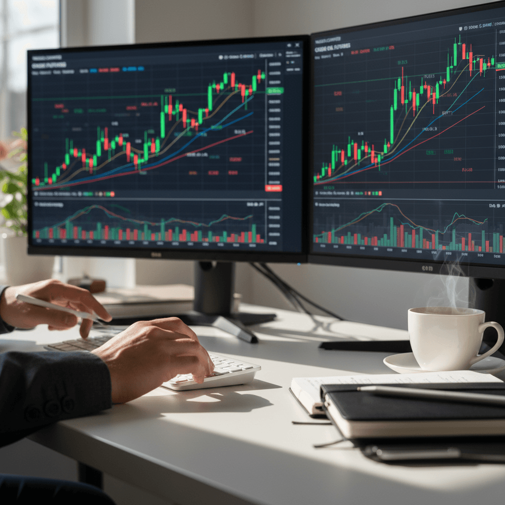 Trader's hands analyzing candlestick charts on dual monitors in professional trading station